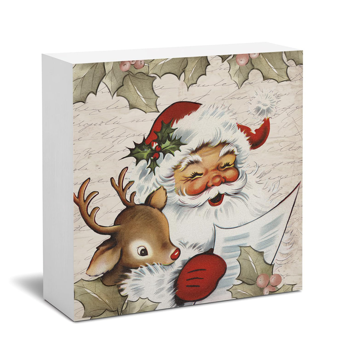 Christmas Santa Claus Decor, Vintage Christmas Santa Deer Wooden Box Sign