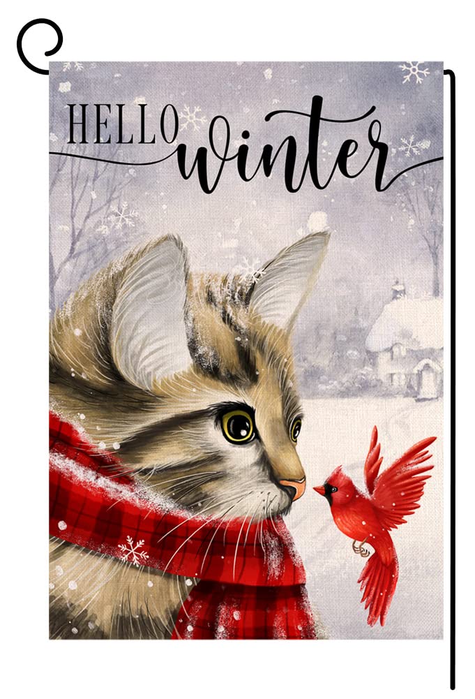 Winter Cat Garden Flag 12x18 Vertical 1 Sided Cardinal Bird Snow Christmas Holiday