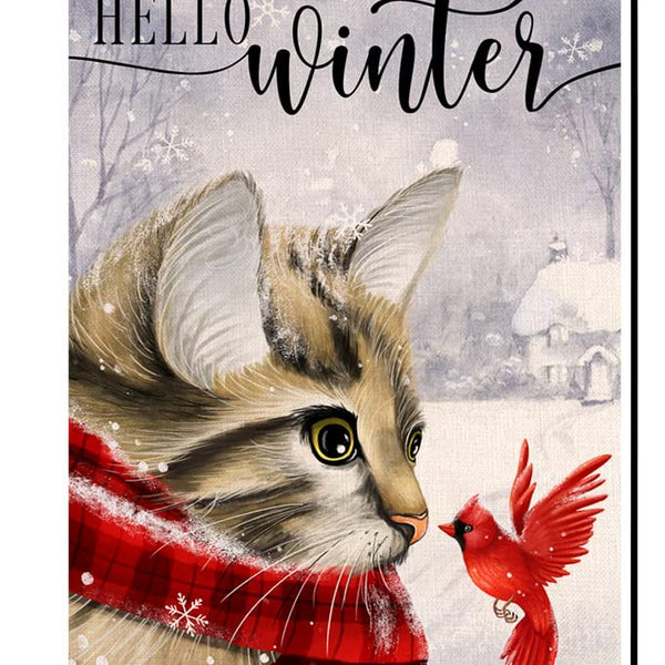 Winter Cat Garden Flag 12x18 Vertical 1 Sided Cardinal Bird Snow Christmas Holiday