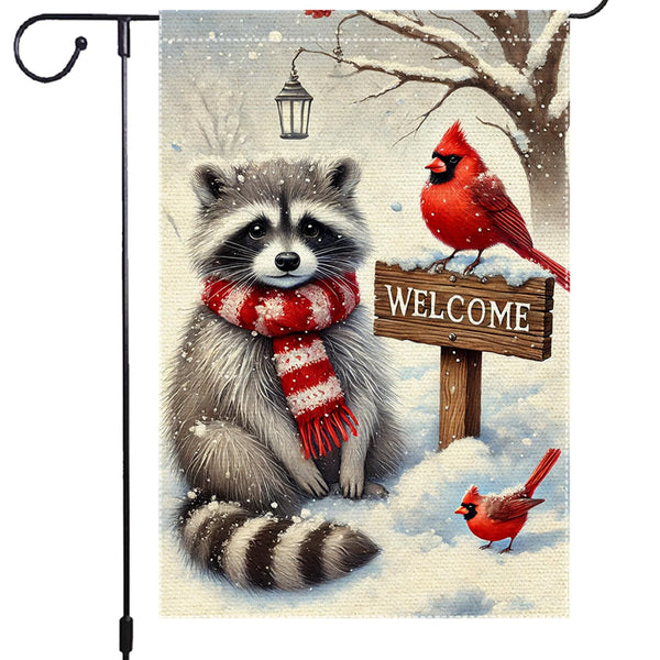 Winter Garden Flag 12x18 Inch 1 Sided Burlap Welcome Raccoon Cardinal Snow Outdoor