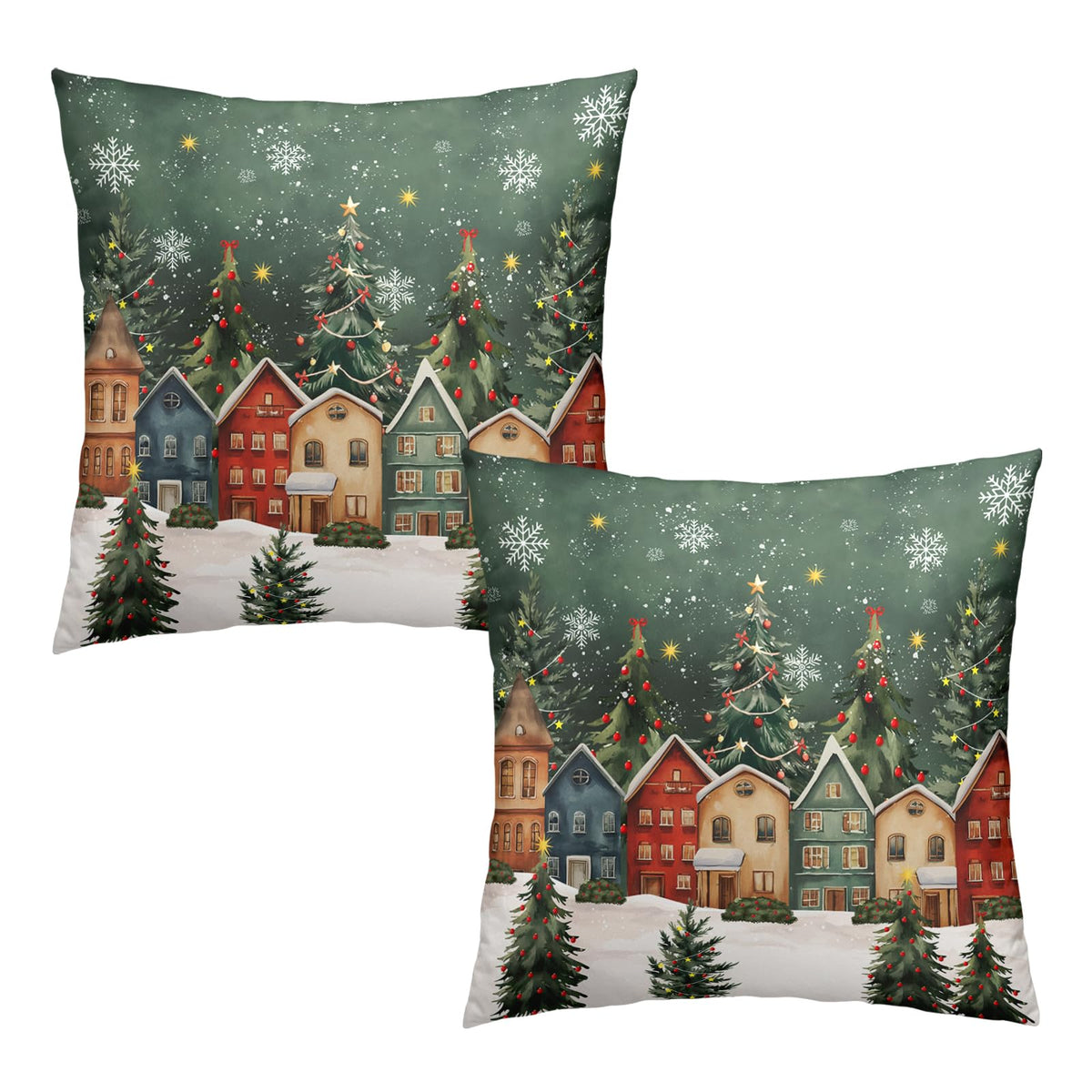 Christmas Pillow Cover 18x18 Set of 2 Winter Xmas Tree Wonderland Forest Village Town House Snowflake