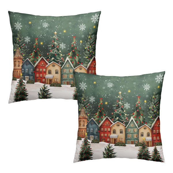 Christmas Pillow Cover 18x18 Set of 2 Winter Xmas Tree Wonderland Forest Village Town House Snowflake