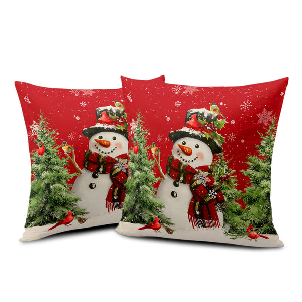 Snowman Christmas Red Throw Pillow Covers 18x18 Set of 2 Winter Snow Snowman Pine Tree Bird Print