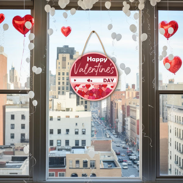 8" Wood Round Hanging Sign - Happy Valentine'S Day - Pink Heart Theme Hanging Plaque For Front Door