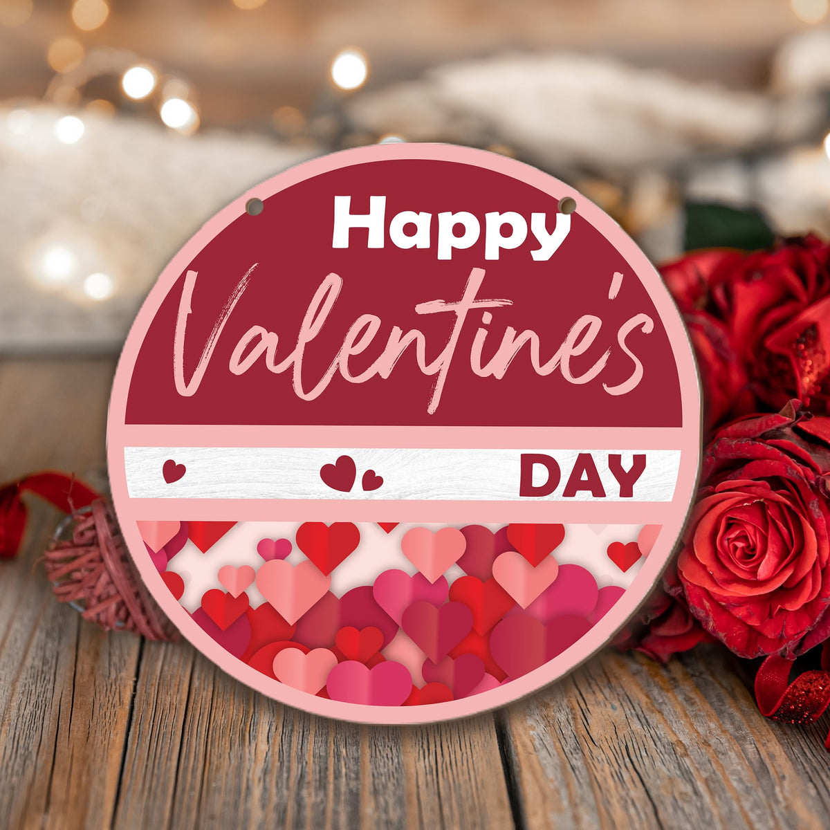 8" Wood Round Hanging Sign - Happy Valentine'S Day - Pink Heart Theme Hanging Plaque For Front Door