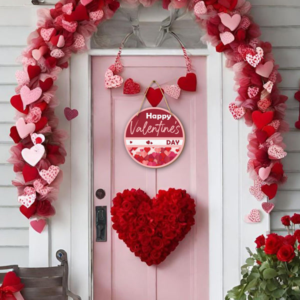 8" Wood Round Hanging Sign - Happy Valentine'S Day - Pink Heart Theme Hanging Plaque For Front Door