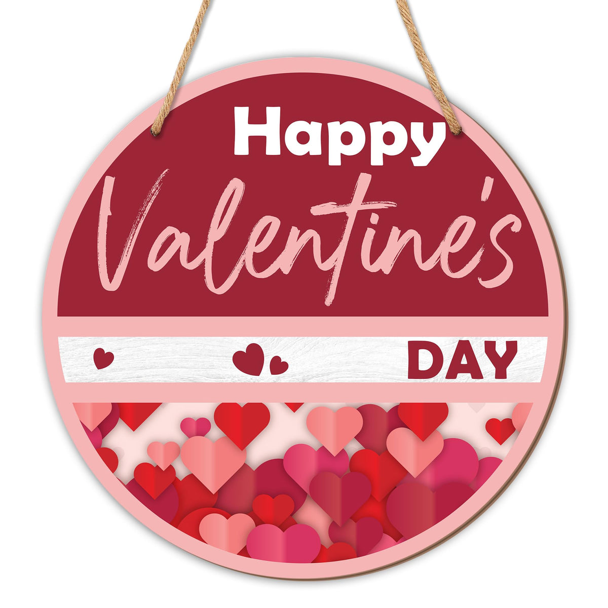 8" Wood Round Hanging Sign - Happy Valentine'S Day - Pink Heart Theme Hanging Plaque For Front Door
