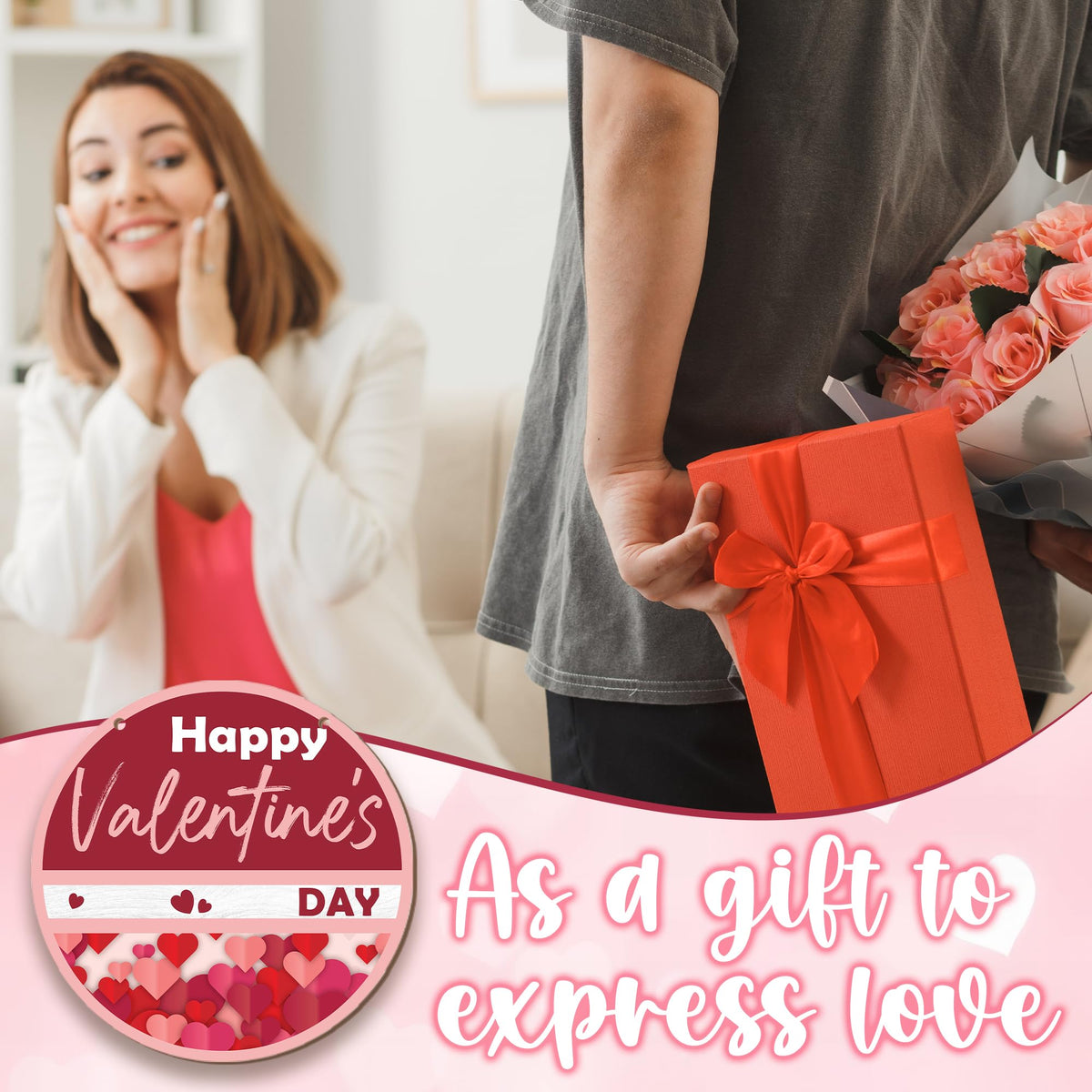 8" Wood Round Hanging Sign - Happy Valentine'S Day - Pink Heart Theme Hanging Plaque For Front Door