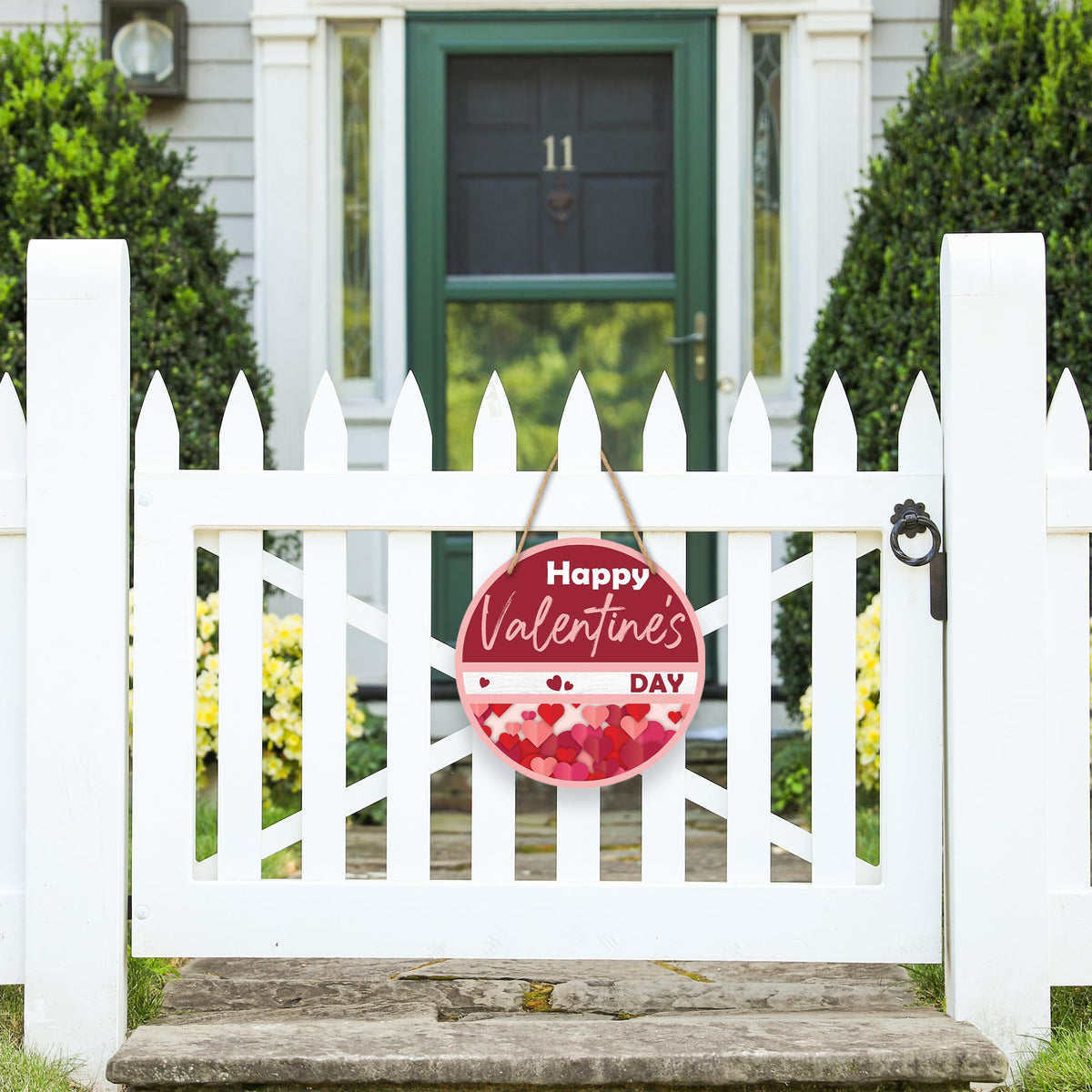 8" Wood Round Hanging Sign - Happy Valentine'S Day - Pink Heart Theme Hanging Plaque For Front Door