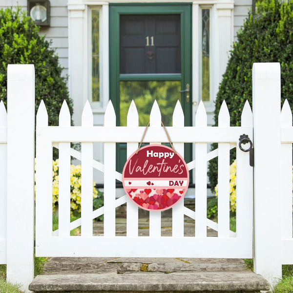 8" Wood Round Hanging Sign - Happy Valentine'S Day - Pink Heart Theme Hanging Plaque For Front Door