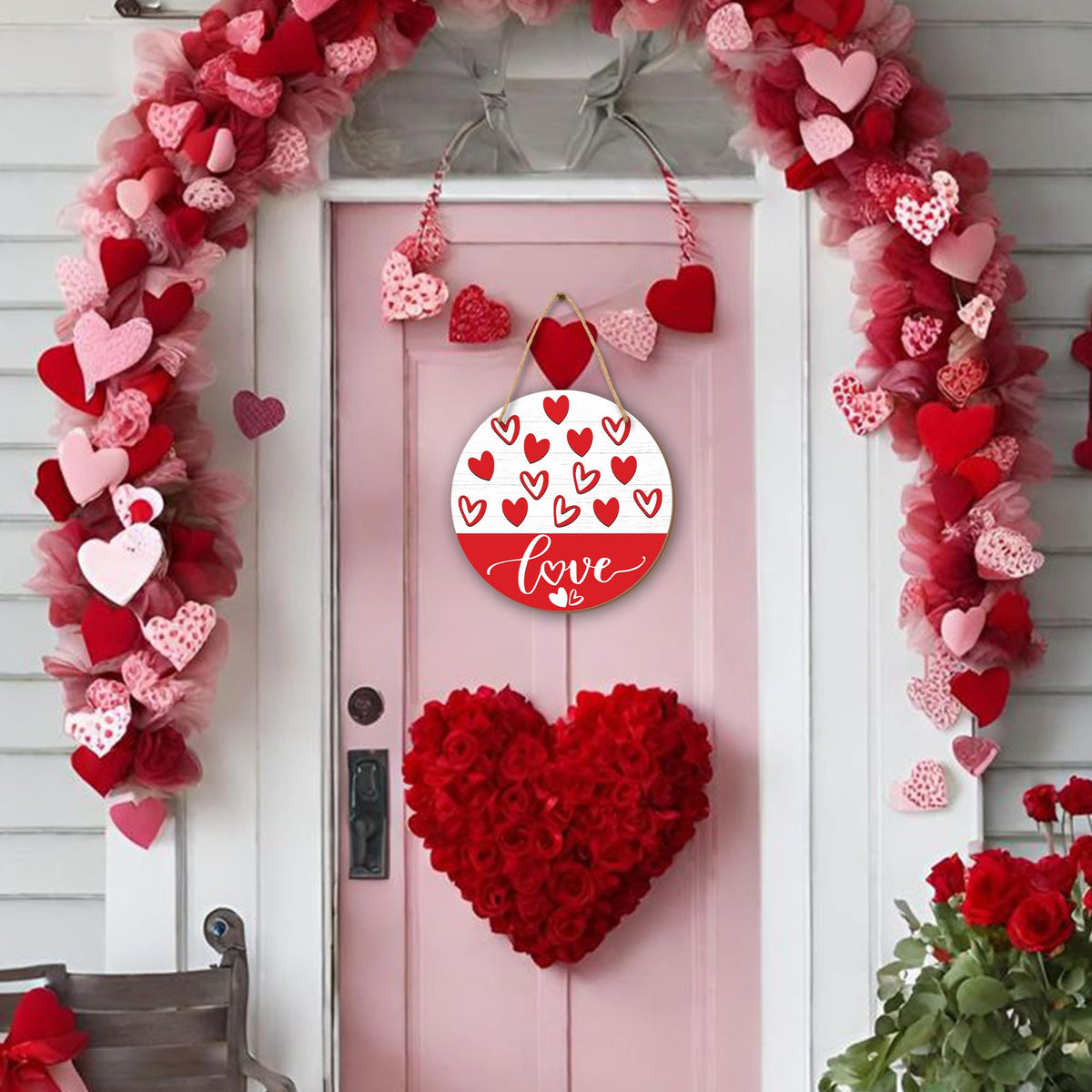 Happy Valentine'S Day Round Hanging Love Sign For Front Door, Welcome Sign, Living Room, Farm House, Home &amp; Office Decor