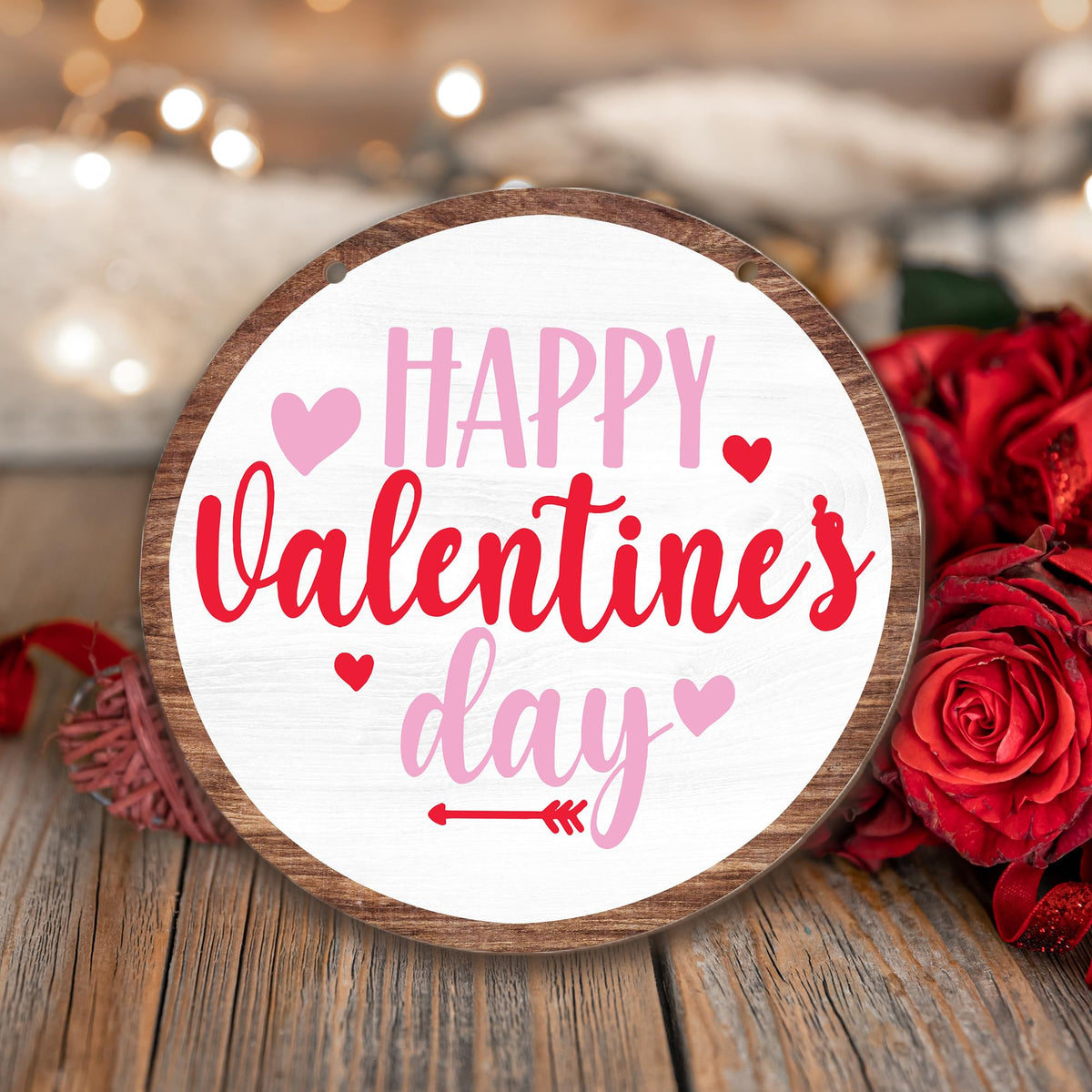 Happy Valentine'S Day Round Hanging Love Sign For Front Door, Welcome Sign, Living Room, Farm House