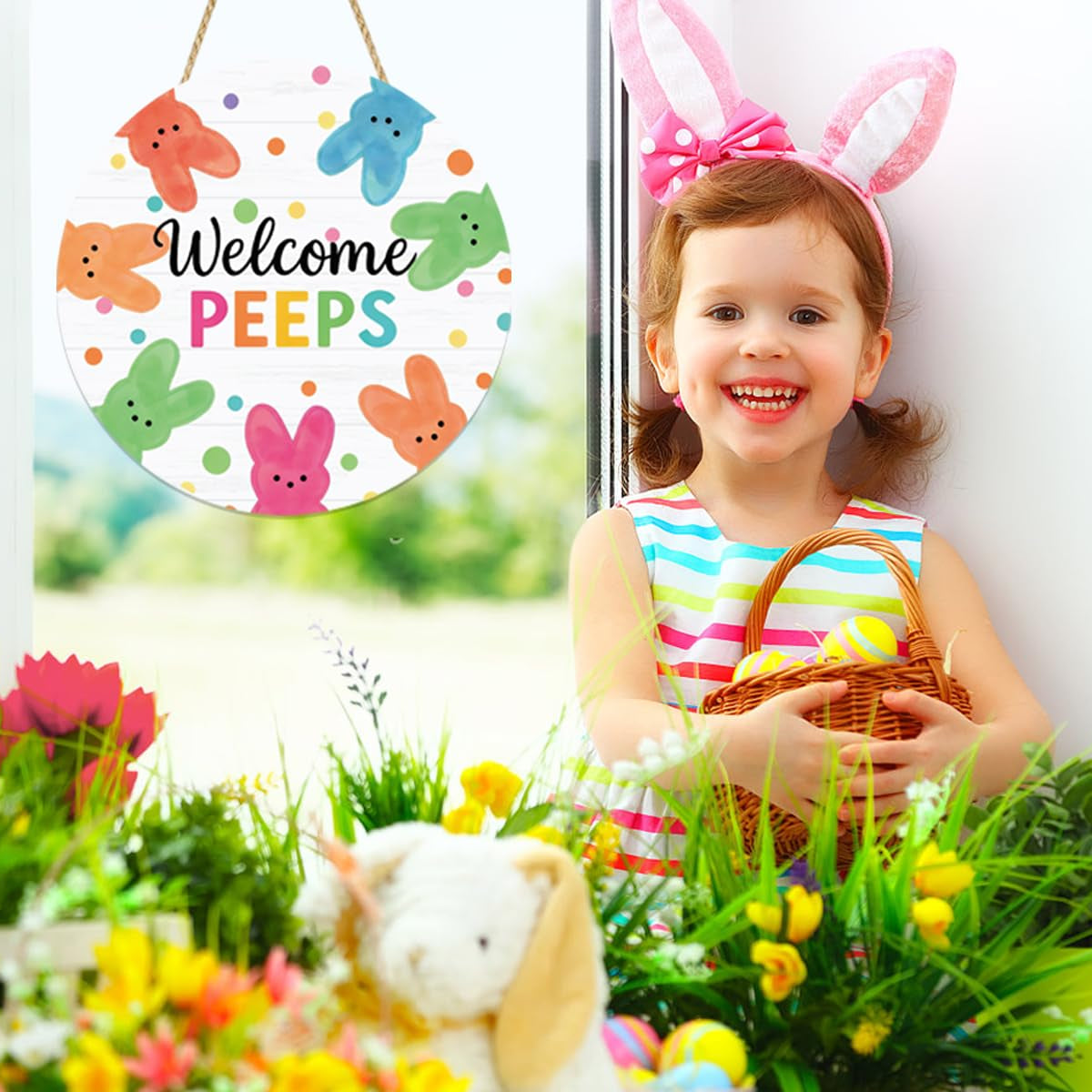 Wooden Welcome Peeps Door Signs Easter Door Decorations Welcome Bunny Decor Signs Spring Easter Door Hanger Sign Plaque