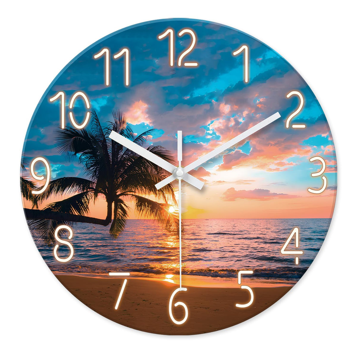 Blue Nautical Beach Wall Clocks Battery Operated Palm Tree Wall Clocks for Living Room 12 Inch