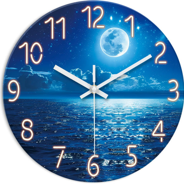 Blue Wall Clock 12 Inch Moon Wall Clocks Battery Operated Silent Non Ticking Modern
