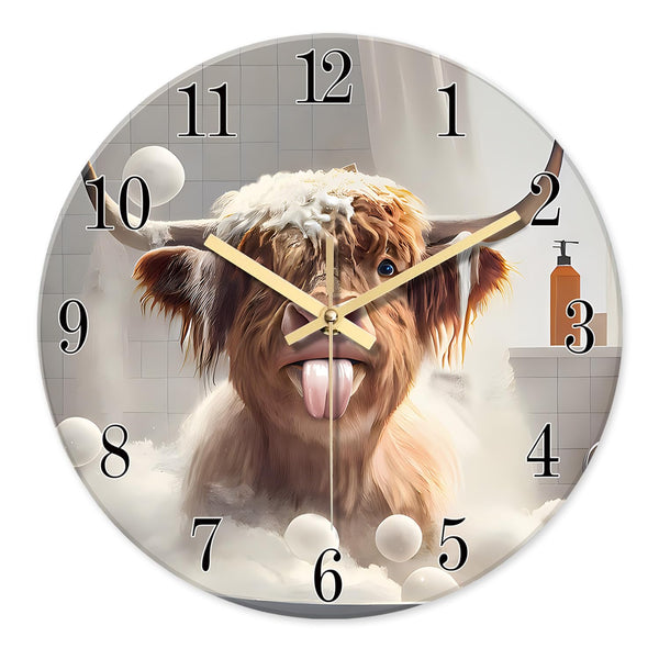 Rustic Brown Glass Wall Clocks Battery Operated 12 Inch Highland Cow Clock