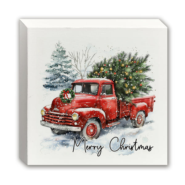 Merry Christmas Wooden Box Sign, Red Truck Christmas Decor, Farmhouse Snowy Xmas Tree Winter Landscape