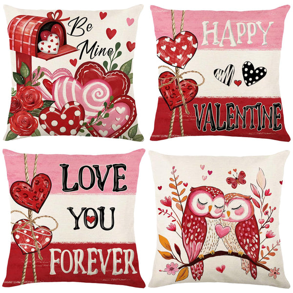 Valentines Day Pillow Covers 18x18 Inch Set of 4, Red Pink Stripes Mailbox Heart Bird Love You Forever Be Mine