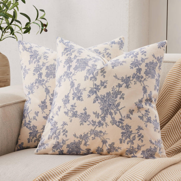 French Pastoral Throw Pillow Covers Set of 2, 18x18 Inch Blue Farmhouse Decorative