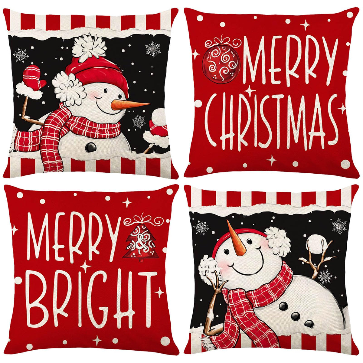 Snowman Christmas Throw Pillow Covers 18" x 18", Set of 4 Christmas Home Decor, Merry Xmas Pillow Cases