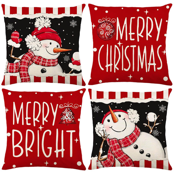 Snowman Christmas Throw Pillow Covers 18" x 18", Set of 4 Christmas Home Decor, Merry Xmas Pillow Cases