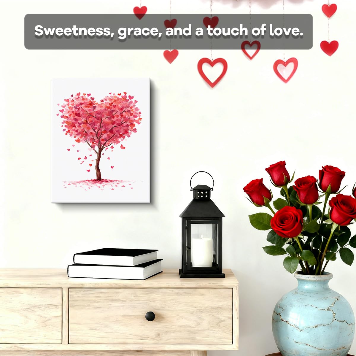 Poetic Heart Tree Valentines Day Wall Art Print with Pink and Red Watercolor Leaves Valentines Wall Art for Romantic Home Decor