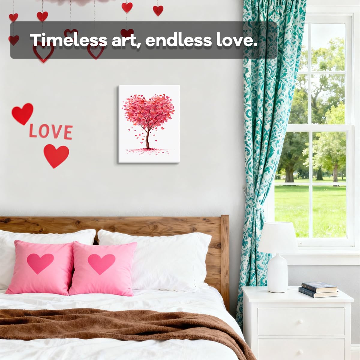 Poetic Heart Tree Valentines Day Wall Art Print with Pink and Red Watercolor Leaves Valentines Wall Art for Romantic Home Decor