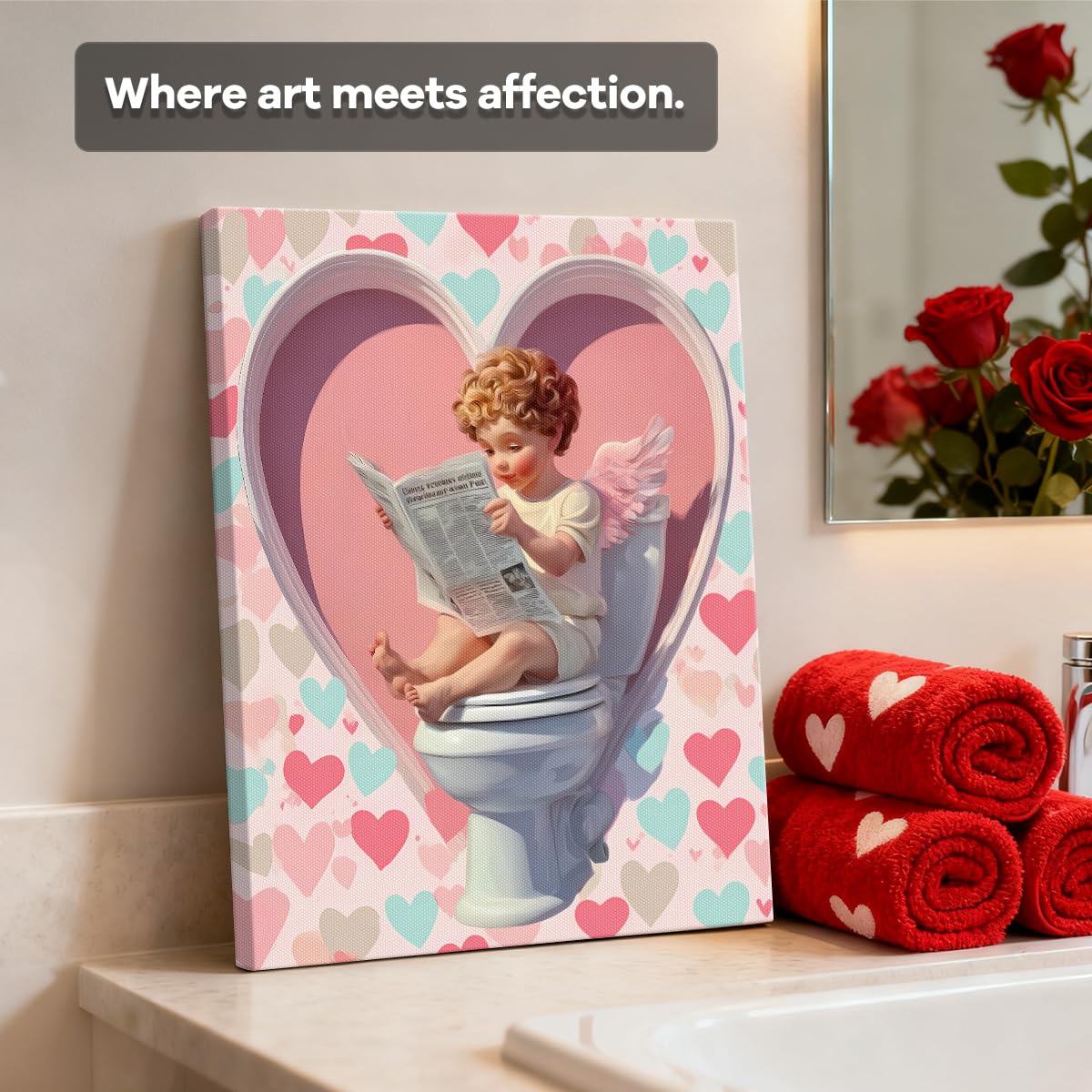 Reading on Toilet Art Print, Funny Valentines Day Canvas Wall Art, Valentines Day Wall Decor for Bathroom Restroom