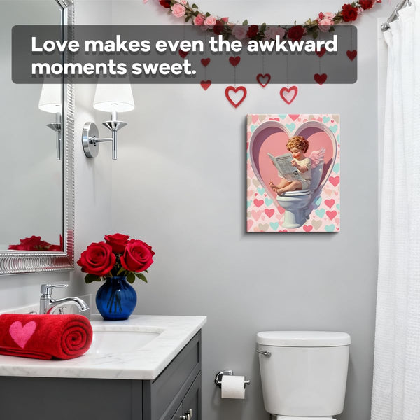 Reading on Toilet Art Print, Funny Valentines Day Canvas Wall Art, Valentines Day Wall Decor for Bathroom Restroom
