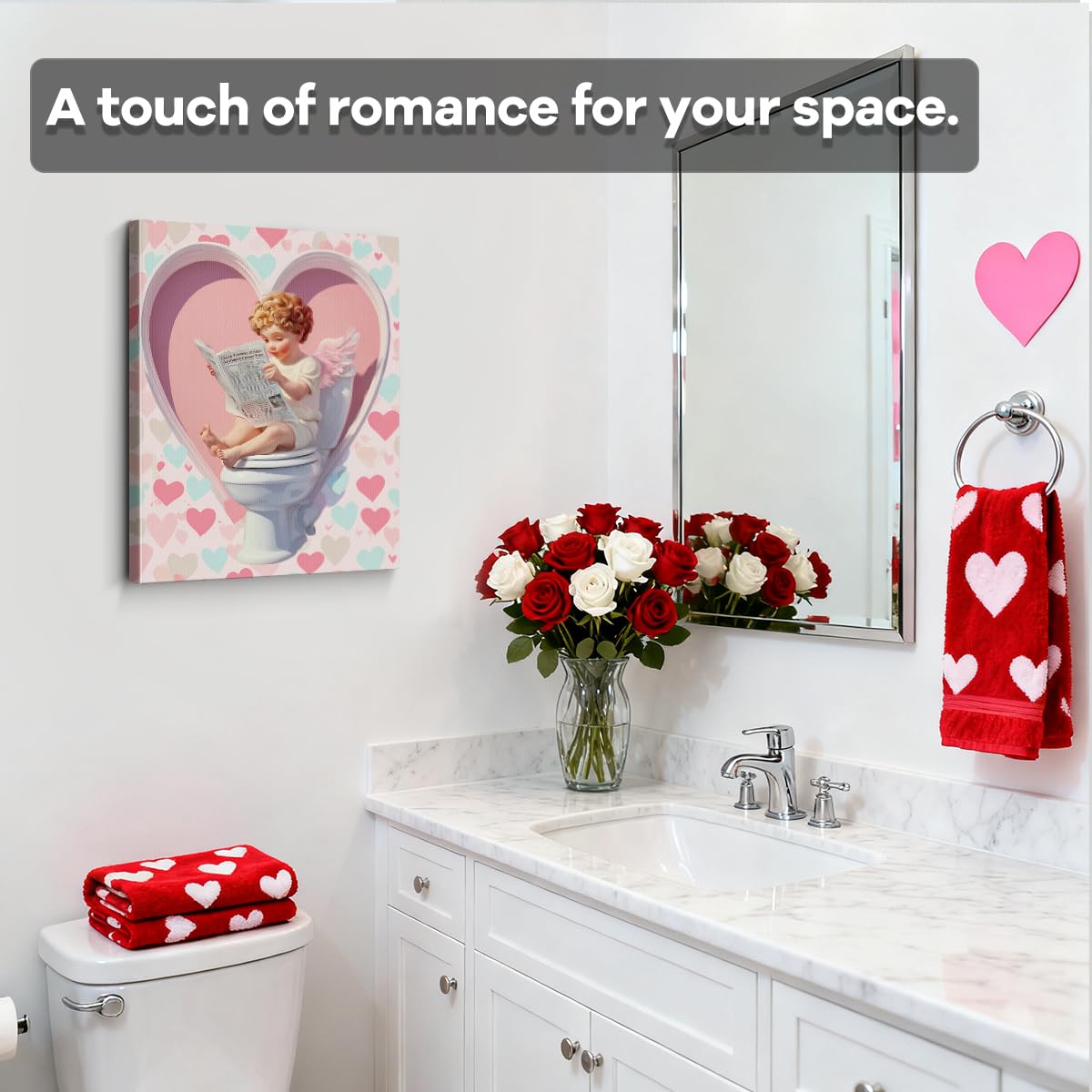 Reading on Toilet Art Print, Funny Valentines Day Canvas Wall Art, Valentines Day Wall Decor for Bathroom Restroom
