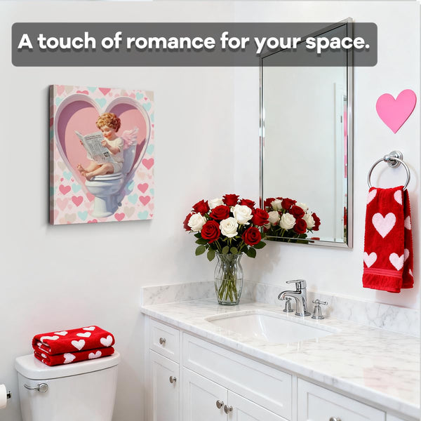 Reading on Toilet Art Print, Funny Valentines Day Canvas Wall Art, Valentines Day Wall Decor for Bathroom Restroom