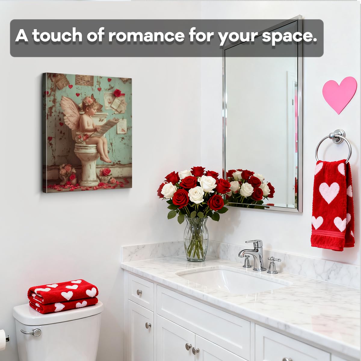 Reading on Toilet Art Print, Funny Valentines Day Canvas Wall Art, Valentines Day Wall Decor for Bathroom Restroom, Love Poster Gift