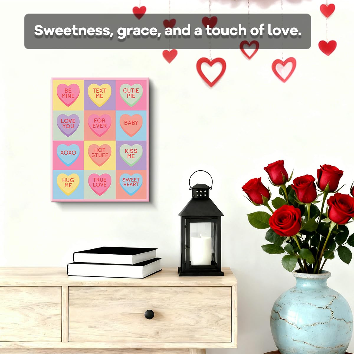Conversation Hearts Art Print, Cute Valentines Day Canvas Wall Art, Valentines Day Wall Decor for Living Room Bedroom