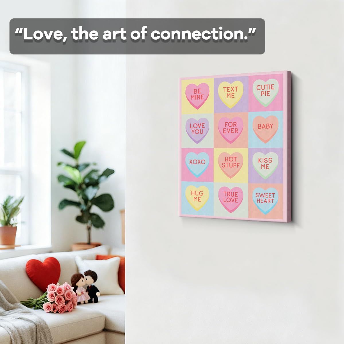 Conversation Hearts Art Print, Cute Valentines Day Canvas Wall Art, Valentines Day Wall Decor for Living Room Bedroom