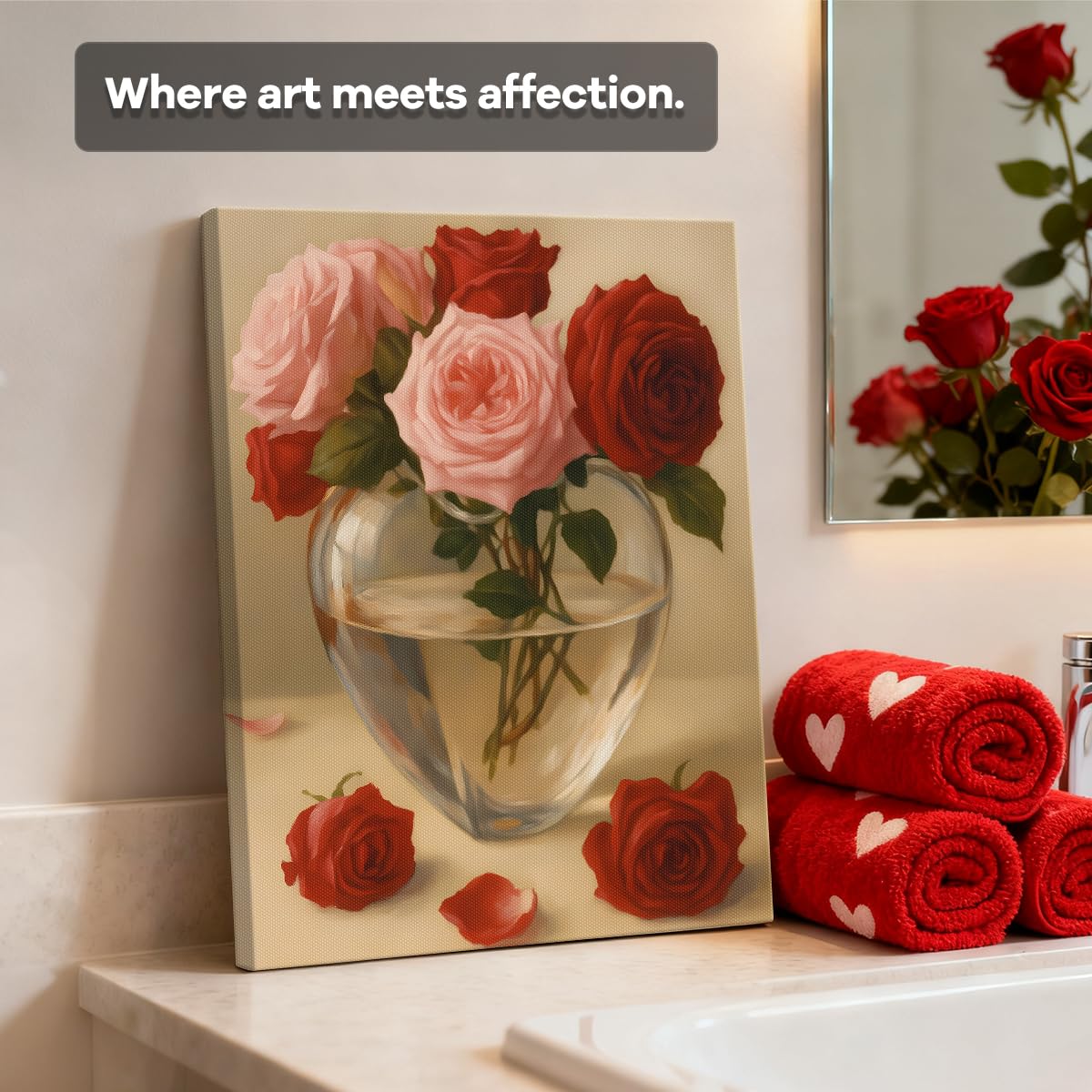 Heart Vase Roses Art Print, Romantic Valentines Day Canvas Wall Art, Valentines Day Wall Decor for Living Room Bedroom
