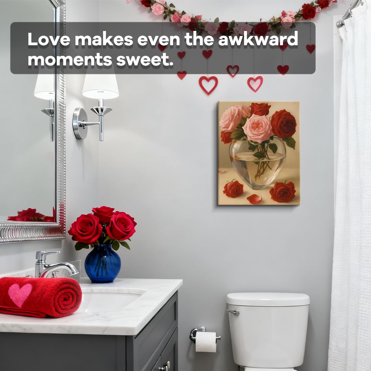 Heart Vase Roses Art Print, Romantic Valentines Day Canvas Wall Art, Valentines Day Wall Decor for Living Room Bedroom