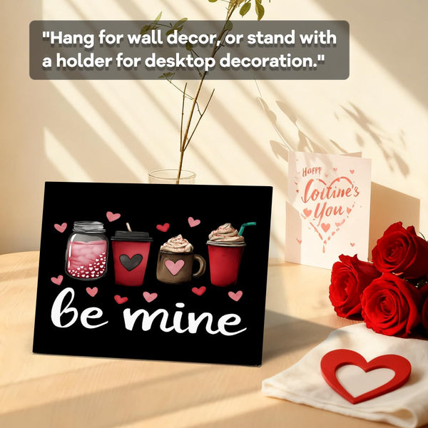 Adorable Be Mine Valentine’s Day Wall Art Print with Cute Coffee Drinks and Hearts Design for Romantic Home Decor