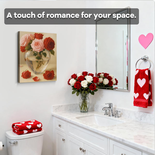 Heart Vase Roses Art Print, Romantic Valentines Day Canvas Wall Art, Valentines Day Wall Decor for Living Room Bedroom