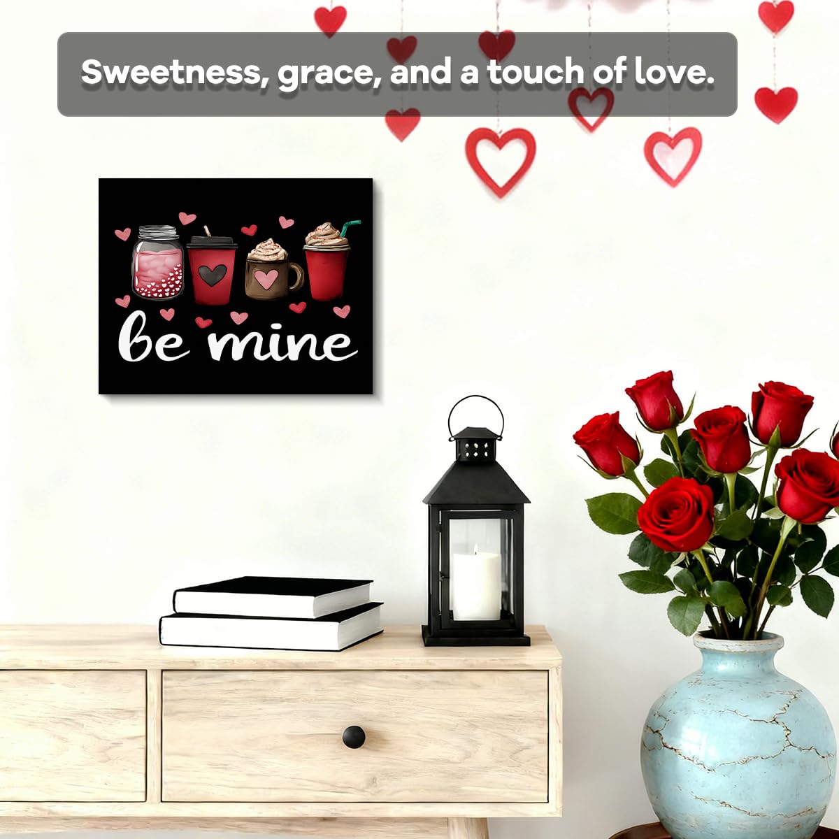 Adorable Be Mine Valentine’s Day Wall Art Print with Cute Coffee Drinks and Hearts Design for Romantic Home Decor