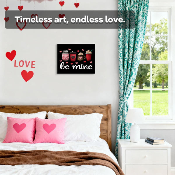 Adorable Be Mine Valentine’s Day Wall Art Print with Cute Coffee Drinks and Hearts Design for Romantic Home Decor
