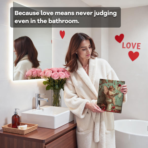 Reading on Toilet Art Print, Funny Valentines Day Canvas Wall Art, Valentines Day Wall Decor for Bathroom Restroom, Love Poster Gift