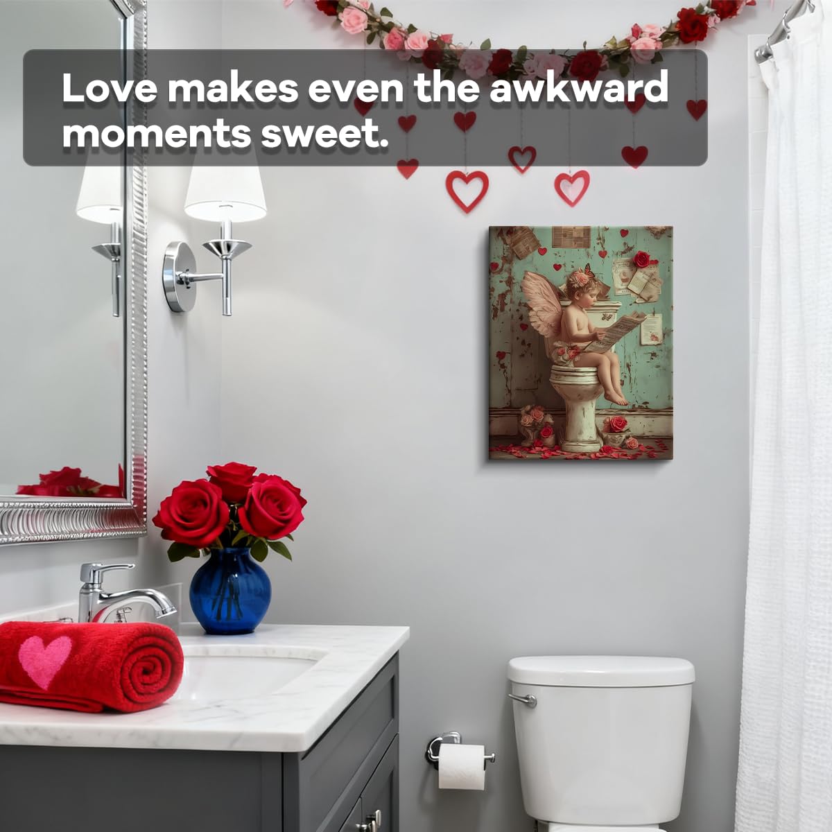 Reading on Toilet Art Print, Funny Valentines Day Canvas Wall Art, Valentines Day Wall Decor for Bathroom Restroom, Love Poster Gift