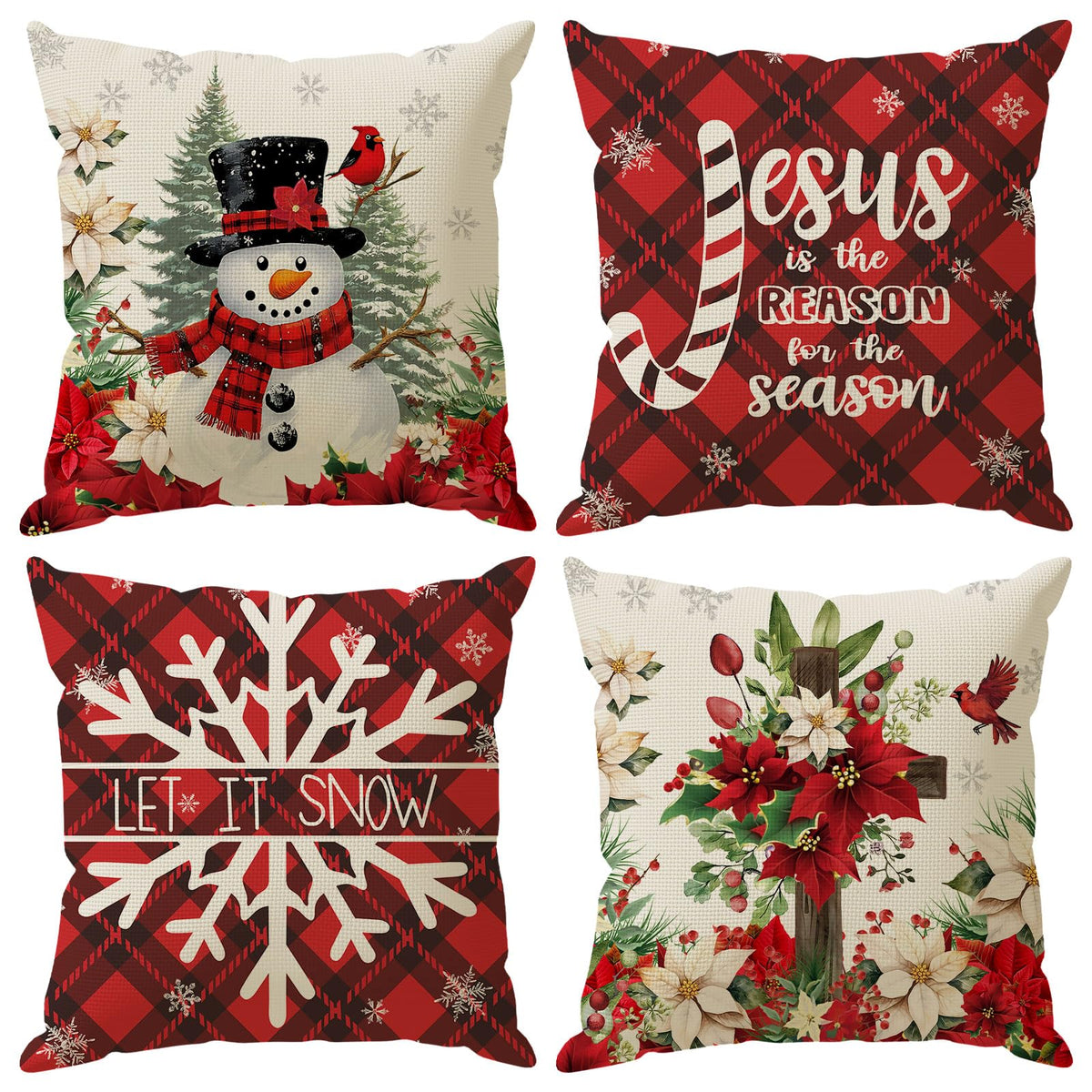 Winter Pillow Covers Cross Snowman Poinsettias Snowflakes Christmas Trees Throw Pillow Cases Set of 4