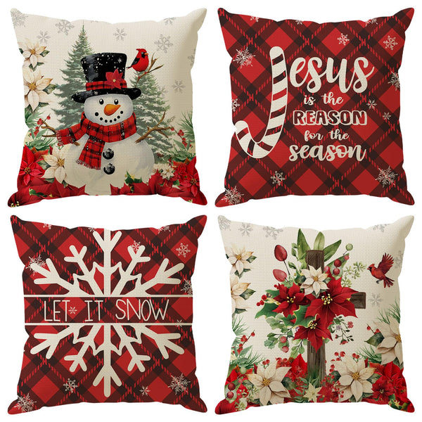 Winter Pillow Covers Cross Snowman Poinsettias Snowflakes Christmas Trees Throw Pillow Cases Set of 4