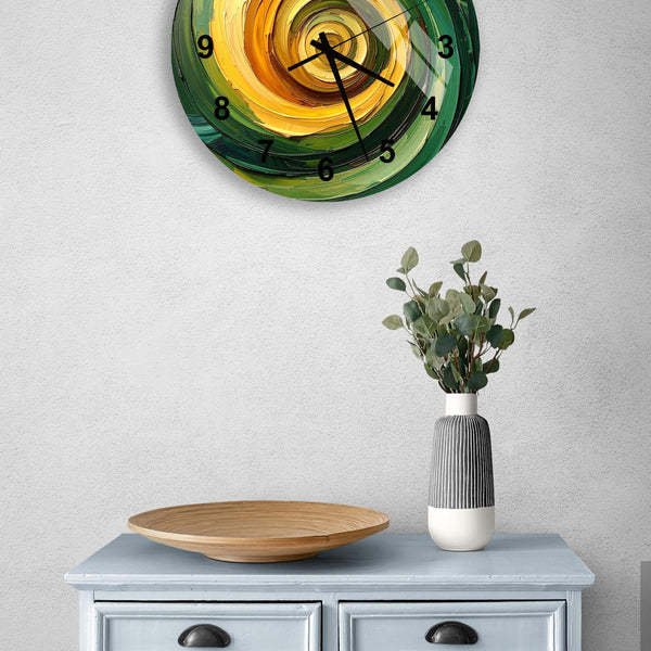 Abstract Tempered Glass Wall Clock, Green and Yellow Swirl Art