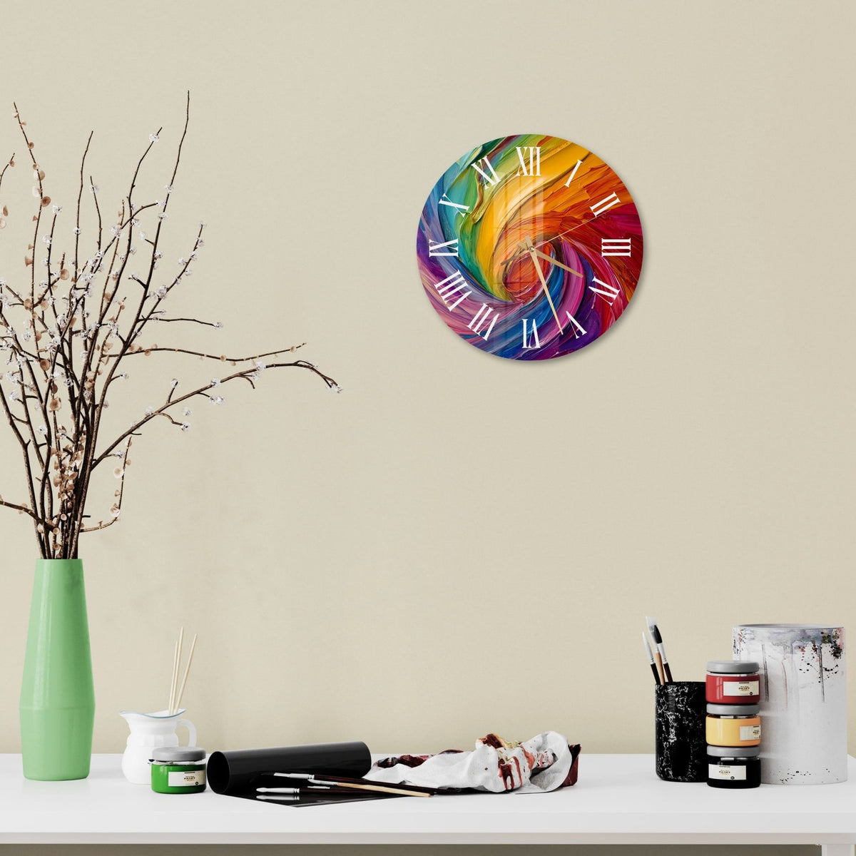 Glass Colorful Wall Clock Wall Art, Color Palette Tempered Glass Wall Clock