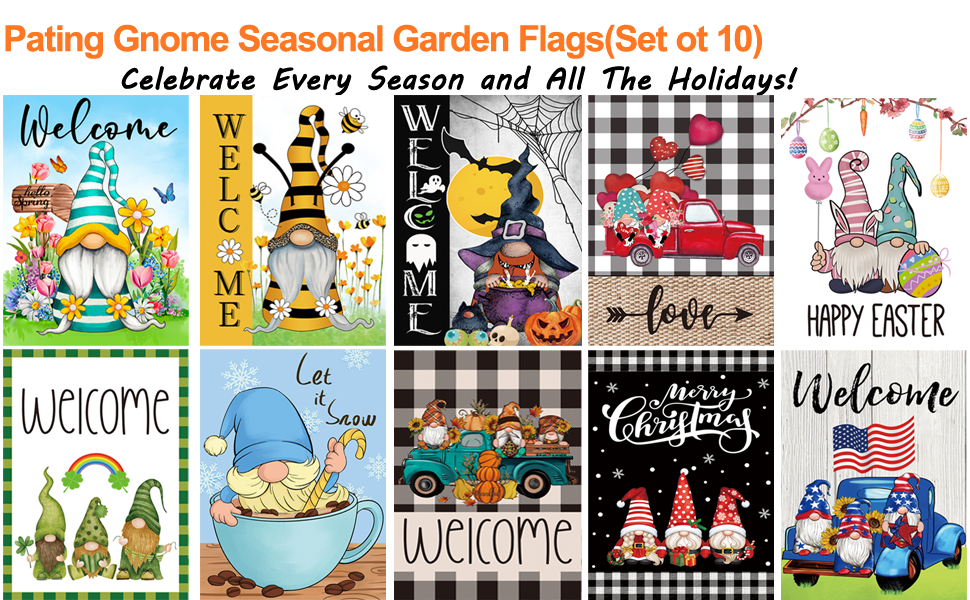 Set of 10 Gnome Seasonal Garden Flags, Single Sided 12 x 18 Inch Yard Flags,small garden flags for outside