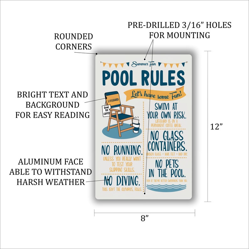8x12 Funny Pool Rules Sign - 'Summer Fun' With Playful Swimming Guidelines - Humorous Indoor/Outdoor Decor