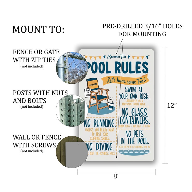 8x12 Funny Pool Rules Sign - 'Summer Fun' With Playful Swimming Guidelines - Humorous Indoor/Outdoor Decor