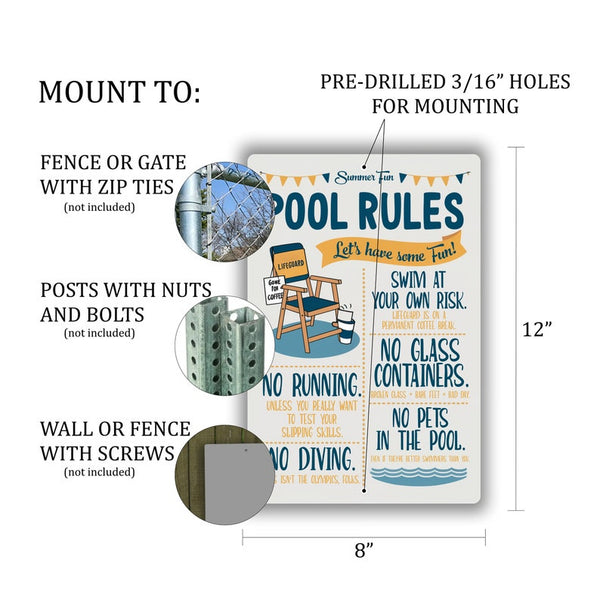8x12 Funny Pool Rules Sign - 'Summer Fun' With Playful Swimming Guidelines - Humorous Indoor/Outdoor Decor